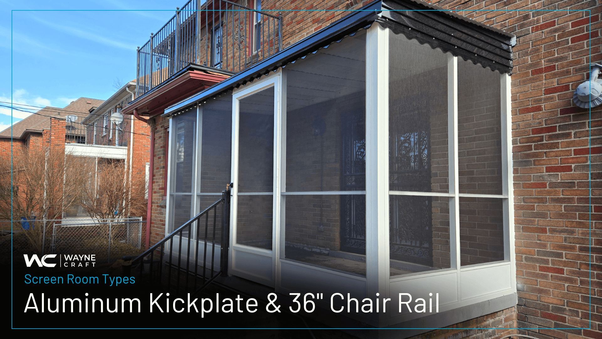 Screen room section with aluminum kickplate at the bottom and standard 36-inch chair rail for added durability and pet protection.