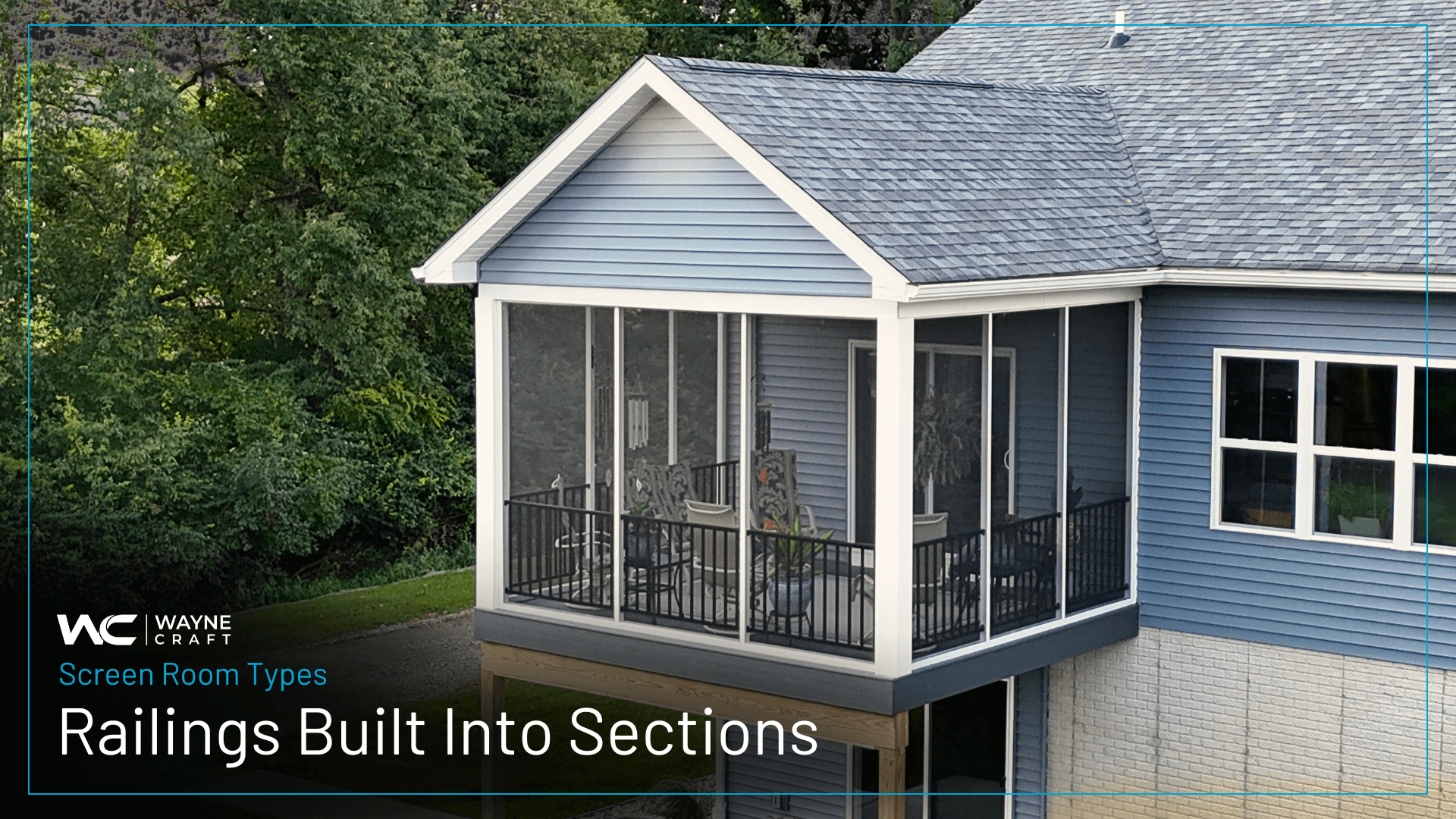 Screen room section with built-in metal railing, combining safety and enclosure in one unit