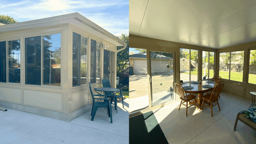 Four season sunroom installed by Wayne Craft on a Michigan home with custom aluminum framing and screened windows.