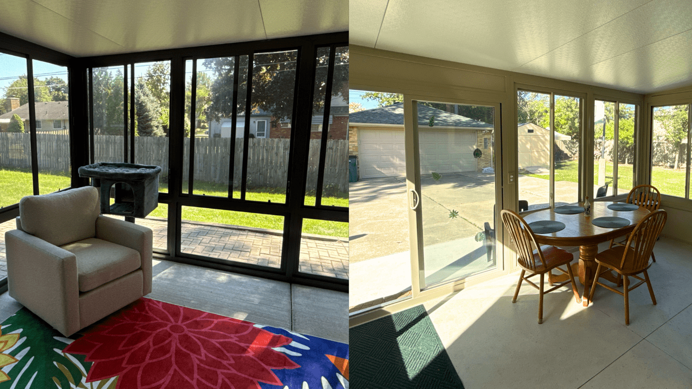 Comparison of a custom four season sunroom and a custom three season sunroom featuring aluminum framing and screened panels.